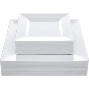 N9R 60PCS White Square Plastic Plates, 30 Dinner & 30 Dessert Plates Heavy Duty, Fancy Disposable Plates for Party, Wedding and other Events
