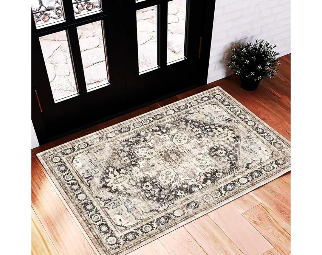 2'x3' Black-Purple Khaki Area Rug Washable Door Mat Vintage Distressed Doormat Indoor Entrance Traditional Thin Floral Print Non Slip Carpet for Kitchen Bathroom Bedroom Living Room