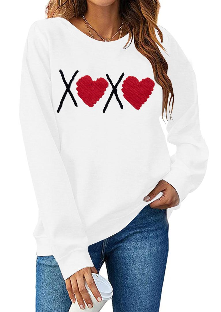 Valentines Heart Sweatshirts For Women Love Sweatshirt Cute Heart Graphic Sweater Casual Patch Pullover Tops White XL