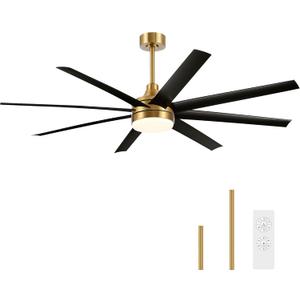 65 Inch Ceiling Fan with Light and Remote, 8-Blade, Reversible DC Motor, 6-Speed, Timer, Industrial Ceiling Fans with Led Light Chandelier for Bedroom Office (Gold & Black)