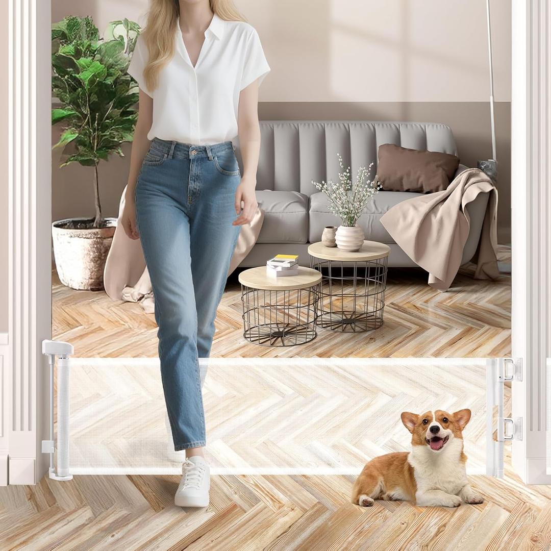 14" Tall Short Dog Gate to Step Over, Retractable Mesh Pet Door for Small Puppy, Extended up to 55" Wide for Indoor Stairs Doorways and Hallway(White)