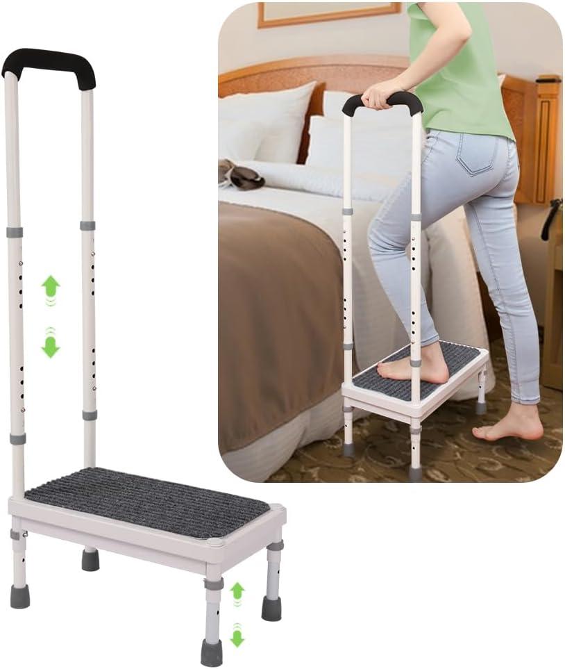 Medical Step Stool with Handle for Elderly Bed Steps for High Beds Adults Bedside Steps with Rail Safety Handicap Bed Stairs Seniors Adjustable Platform Heavy Duty Stepping Stool