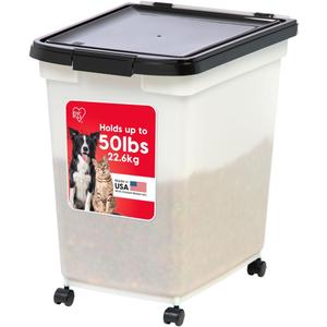 IRIS USA 50 Lbs / 65 Qt WeatherPro Airtight Pet Food Storage Container with Removable Casters, for Dog Cat Bird and other Pet Food Storage Bin, Keep Fresh, Translucent Body, Easy Mobility, Pearl/Black (1 Count (Pack of 1)) IRIS USA 50 Lbs / 65 Qt WeatherPro Airtight Pet Food Storage Container with Removable Casters, for Dog Cat Bird and other Pet Food Storage Bin, Keep Fresh, Translucent Body, Easy Mobility, Pearl/Black (1 Count (Pack of 1))