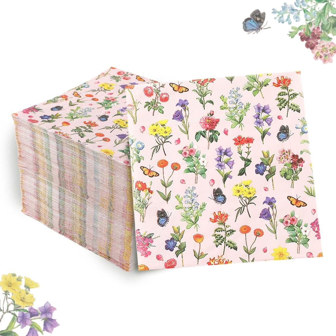 100 Pcs Floral Napkins Disposable Paper Wildflower Napkins, 2-Ply Retro Flower Dinner Napkins Pink Decorative Party Napkin for Spring Summer Picnic Wedding Baby Shower Birthday Tea Party