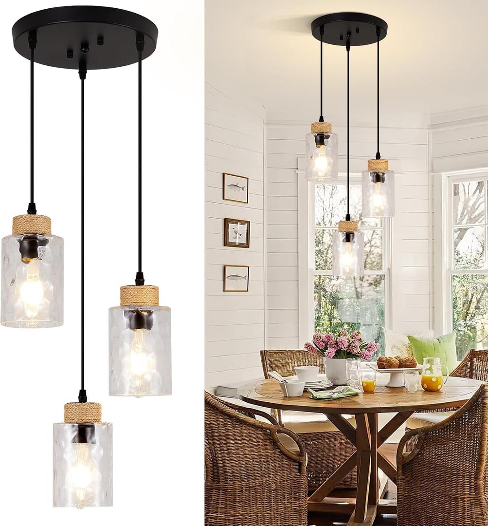 Modern Pendant Lights Kitchen Island, 3-Light Black Pendant Light Fixtures with Clear Hammered Glass Shade, Industrial Farmhouse Hanging Pendant Lights Fixture for Kitchen Island Dining Room Entryway (3-Light-Matte Black-10"(No Assembly Required))