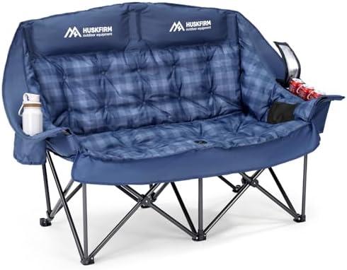 Huskfirm Padded Double Camping Chairs High Back Double Camp Chair Oversized Loveseat Camping Chair Support 800LBS Heavy Duty Camping Couch with Cup Holders, Cooler, Carry Bag, Blue