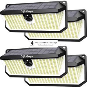 Solar Security Lights, 466 LED 4000 Lm - 270 Motion Sensor, IP68 Waterproof, 3 Lighting Modes, Dusk-to-Dawn Outdoor Flood Light for Fence Garden Backyard Garage - Pack of 4 (Black)
