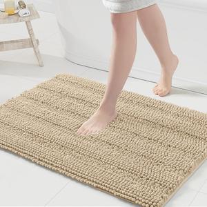 Grandaily Chenille Striped Bathroom Rugs 36x24, Extra Thick and Absorbent Bath Rugs, Non-Slip Soft Plush Shaggy Bath Carpet, Machine Wash Dry, Bath Mats for Bathroom, Beige
