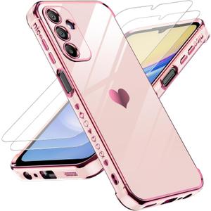 LeYi for Galaxy A15-5G Phone Case: with Tempered Glass Screen Protector [2 Pcs]+ Full Camera Lens Protection, Love Heart Plating Girly Women Luxury Shockproof Android A 15, Pink