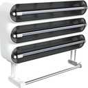 Aluminum Foil & Plastic Wrap Dispenser with Cutter - Magnetic & No-Drill Wall Mount, Cling Film Dispenser with Paper Towel Holder, Space-Saving 4-in-1 Kitchen Organizer - Fits 12" Roll, Black