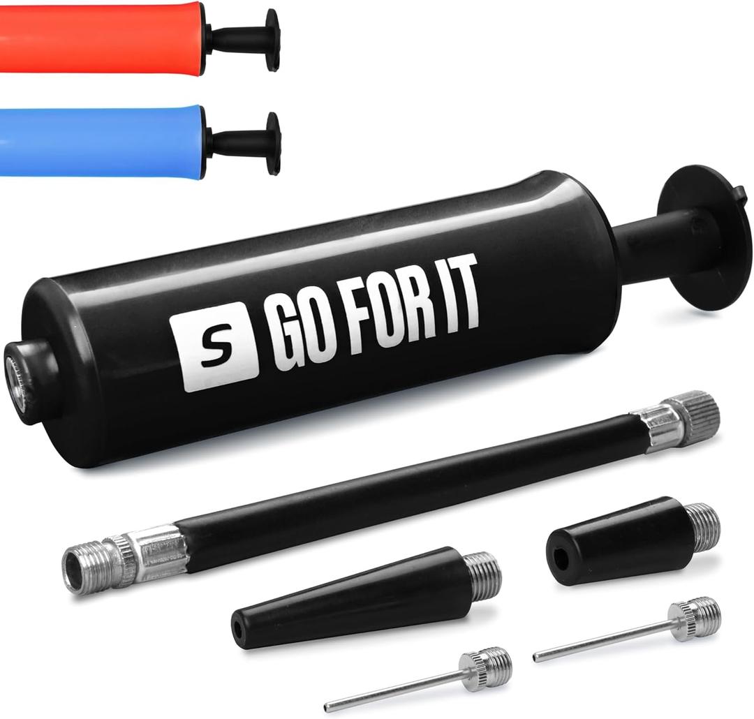 4 x SPORTBIT Ballpump for Sports Balls - Basketball Pump for Sport Balls - Football & Soccer, Basketball, Volleyball Pump, Swim Inflatables - Hand Air Pump with 3 Needles, Nozzle, Extension Hose, Pouch (Black)