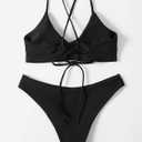 SHENHE Women's Floral Bikini Set 2 Piece Criss Cross Tie Back Low Rise Boho Swimsuits (Black, M)