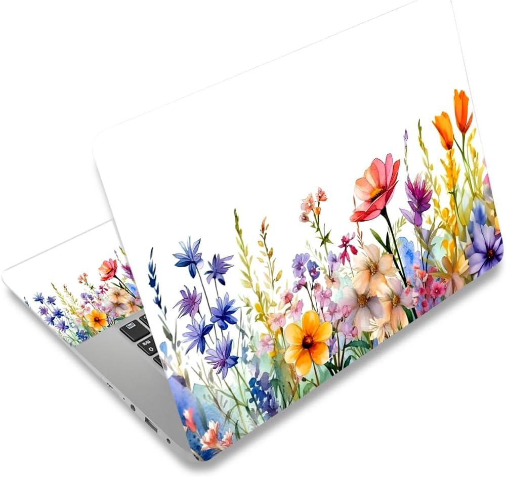 White 12 12.1 13 13.3 14 15 15.4 15.6 in Skin Laptop Sticker Decal, Netbook Skins for Notebook, Universal Vinyl Laptop Decor Cover for Girl Women, Waterproof Art Protector I Colorful Wildflowers