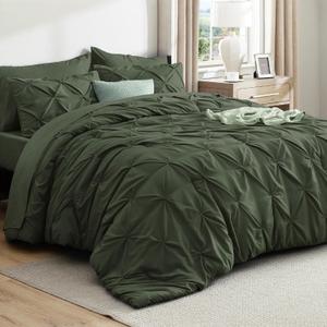 Bedsure California King Comforter Set Olive Green - Bed in a Bag California King 7 Pieces, GentleSoft Pintuck Bed Set Gift for Family, Pinch Pleat Green Comforter with Sheets, Pillowcases & Shams