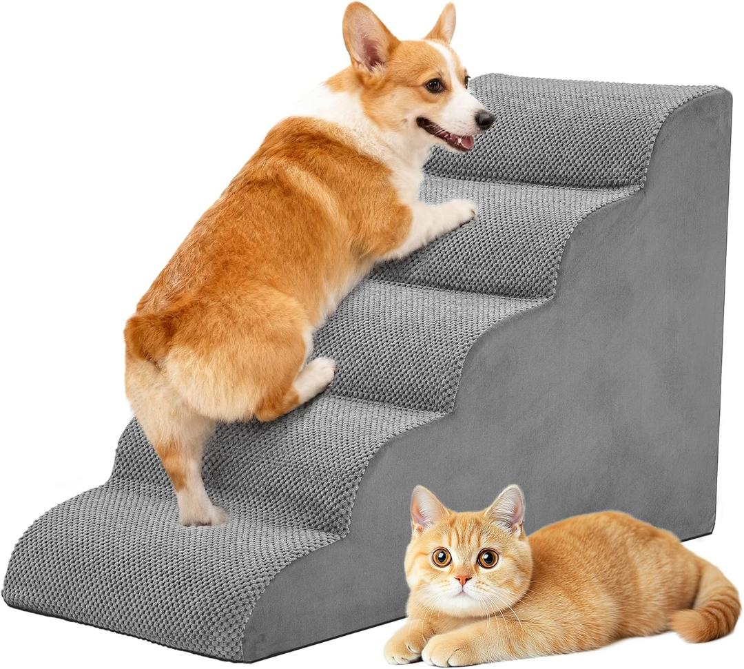 DUMOS Dog Stairs Ramp for Small Dogs and Cats, 5-Step Curved Pet Dog Steps with High-Density Foam for Puppy and Older Cats, Indoor Non-Slip Pet Ladder Ramp Stairs for Couch, High Beds, Sofa, Car, Grey (Round-22.83"H)