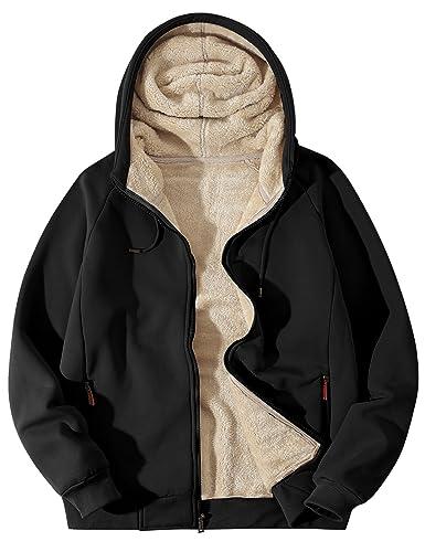 Flygo Sherpa Hoodies for Men Zip Up Winter Fleece Lined Hooded Sweatshirt Heavyweight Warm Jackets(Black-M)