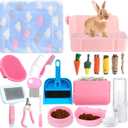 20 Pcs Rabbit Starter Kit Small Bunny Litter Box Animal Grooming Kit with Hanging Pet Bowls Water Bottle Bunny Toys Flannel Blankets with Cleaning Set for Guinea Pig Rabbit Accessories(Pink)