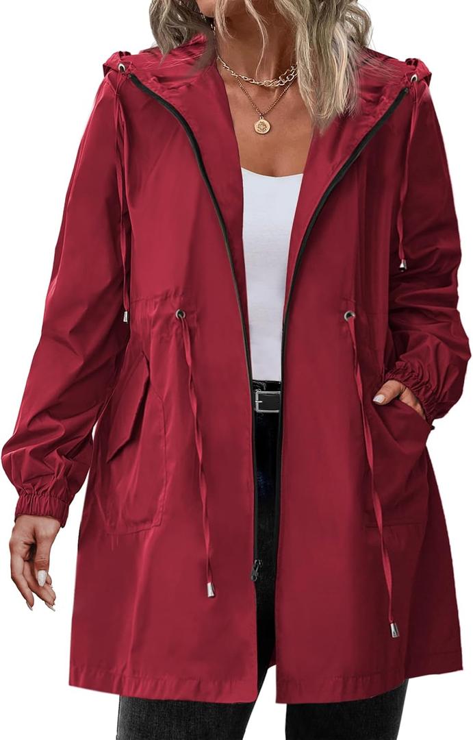 IN'VOLAND Women's Rain Jacket Plus Size Long Raincoat Lightweight Hooded Windbreaker Waterproof Jackets with Pockets (24 W, Red)
