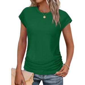 SAMPEEL Womens Summer Tops Trendy 2025 Ruched Cap Short Sleeve Tshirts Shirts Crew Neck T Shirts Fashion, Medium