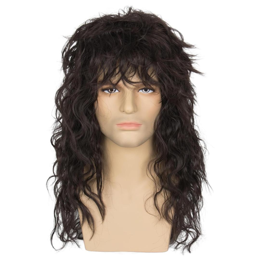 Mens Long Dark Brown Mullet Rocker Wig Eddie 80s Curly Wig Halloween Party Hair