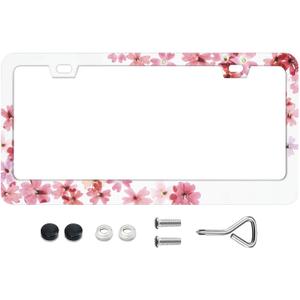 Cute License Plate Frames Pink and White Flowers License Plate Frame with Screws Blue Floral Metal Funny License Plate Cover Holder 6.3 X 12.3 inch for Car Decoration for Women Men LICEPLAME (04)