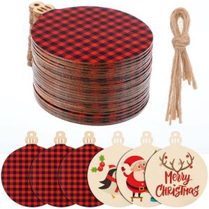 Jetec 96 Pieces Wooden Christmas Ornament 48 Pieces Predrilled Wood Slices 48 Pieces Twine Round Wooden Discs with Holes Unfinished Buffalo Plaid Blank for DIY Tree Decoration (Black-Red)