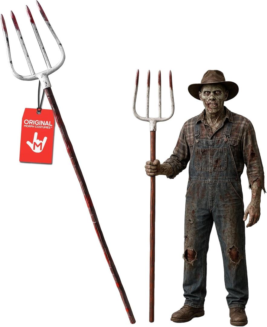 Morph Halloween Fake Bloody Pitchfork Costume Accessories Plastic Decoration Weapons Prop Scary Pronged Fork with Fake Blood and Realistic Strong Heavy-Duty Plastic, 60 Inches Tall
