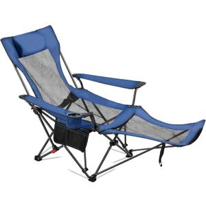 VEVOR 2-in-1 Reclining Camping Chair with Footrest for Adults, 4 Adjustable Positions, Portable Folding Lounger, Lightweight Mesh Beach Chair Supports 220lbs, Heavy Duty Camp Chairs Outdoor, Blue