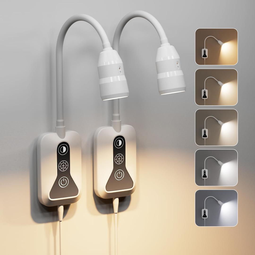 Wall Mounted Reading Light, Wall Light with Motion Sensor Switch, 5 Dimmable & 5 Color Temperature Adjustable, USB-C Output, Flexible Neck Book Light for Bed, Sofa, Desk,Dorms, Heaboard