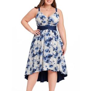 Rosegal Women Plus Size Floral Jacquard Sundress Rhinestone Chain Decor Ruched Asymmetric High Low Midi Summer Sleeveless Vacation Cami Flowy Dress (Blue/Size 3XL)