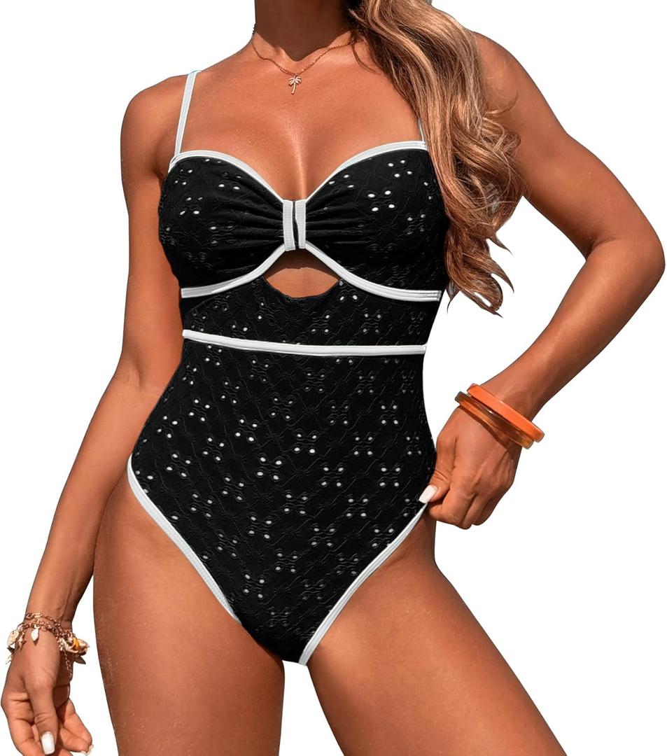 HXN Women's One Piece Swimsuit Tummy Control Bathing Suit Color Block Cutout Slimming Swim Suit Swimwear 2025 (Black, S)