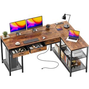 PRAISUN 55 Inch L Shaped Office Desk with Power Outlets and Type-C Port, Large Computer Gaming Desk with 3 Fabric Drawers, Mesh Shelves, Corner Study Work Writing Desk, Rustic Brown