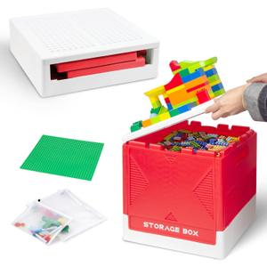 Folding 2-in-1 Storage Box with Large Building Lid for Blocks, Toys Collapsible Storage Bin, Multifunctional Organizer Box for Organizing Brick, Bead, Tool, Sewing and Toys (Red)