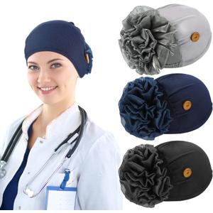 3 Pieces Bouffant Cap with Buttons Elastic Soft Flower Stretch Head Wraps for Nurses (One Size, Black, Gray, Navy Blue)