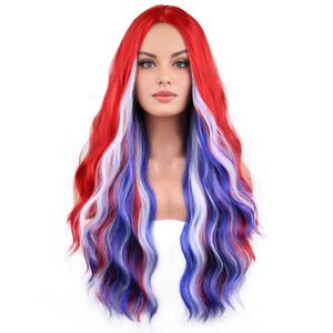 BERON 4th of July Wig for Women Long Curly Red White and Blue Costume Wigs for Independence Day Cosplay Party