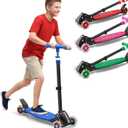 3 Wheel Kids Kick Scooter for Ages 3-12, Lean-to-Steer, Light-Up Wheels, 3-Level Adjustable Handlebar 27.5-33, Wide Non-Slip Deck, Dual Rear Brake,Travel Foldable, for Boys & Girls Toy Gifts (Blue)