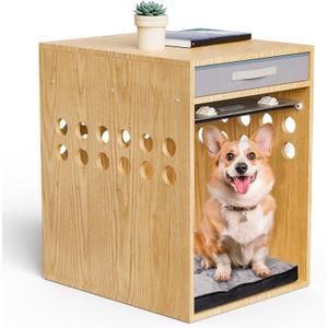 Dog Crate Furniture with Drawer, SAUCE ZHAN Dog Kennel with Cushion for Small/Medium Dogs, End Side Table Wooden Crate for Pets Indoor, Wood Color
