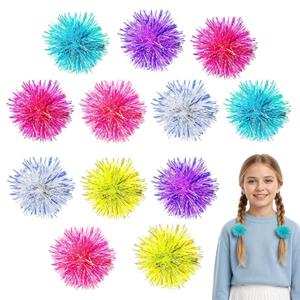 12Pcs Bling Foil Strips Pom Pom Hair Clips for Girls, Cute Hair Balls for Girls Hairs, Tinsel Fluffy Poms Poms Hairs Ties for Women Girl Birthday Halloween Christmas Party