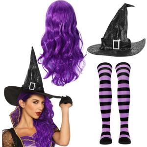 Witches Costume Women Witch Wigs Hat and Stockings Witch Outfit Halloween Costumes Women (purple)