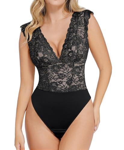 Popilush Lace Tops for Women Thong Shapewear Bodysuit Tummy Control Going Out Tops Deep V Neck Body Suits, Small