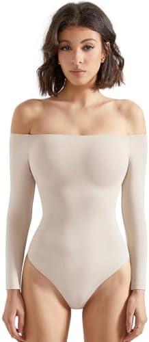 SUUKSESS Women Off the Shoulder Long Sleeve Bodysuit Double Lined Thong Bodysuit, S