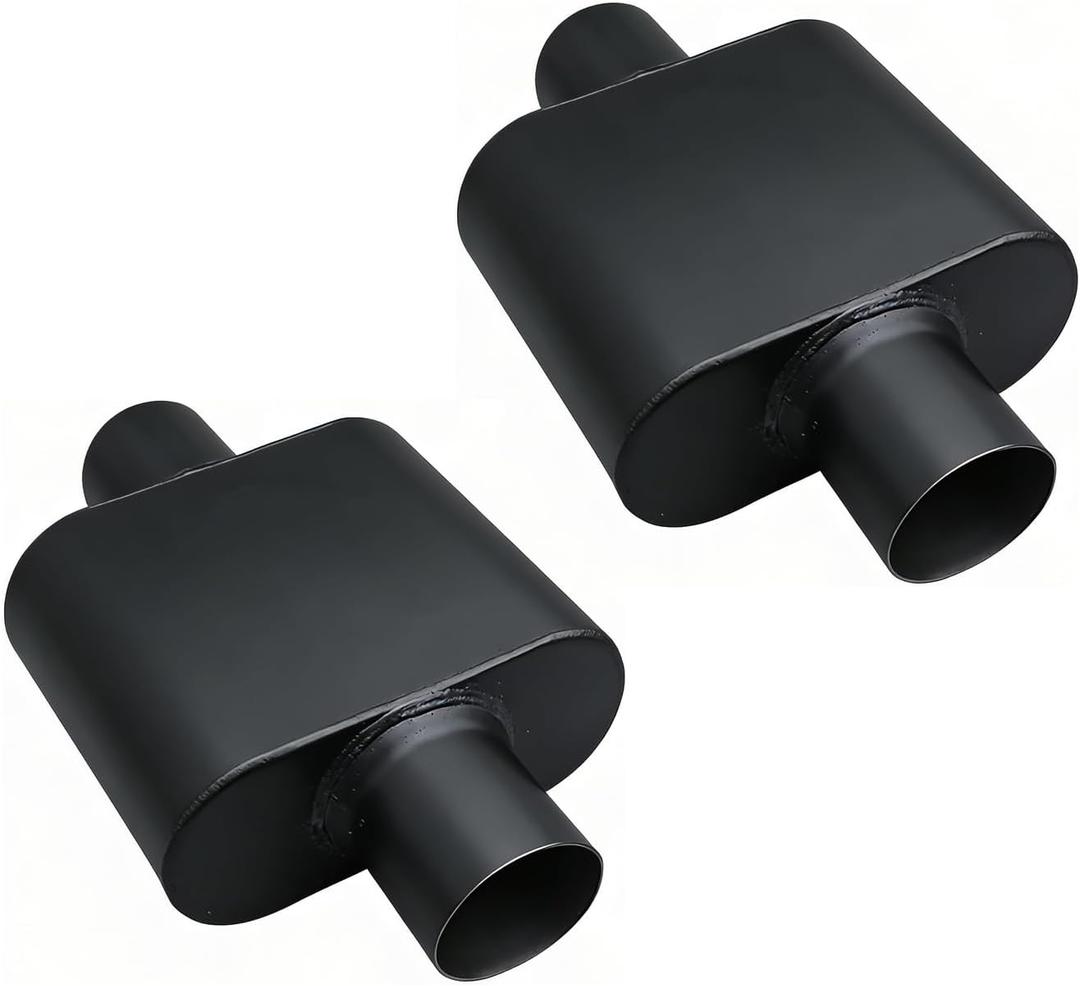 Universal 2.25" Inlet 2.25" Outlet Single Chamber Muffler - 13" Total Length (7x9x4 in Body), Aluminum Coated Exhaust with Internal Baffle to Produce Aggressive Deep Sound, Black (2 Pack)