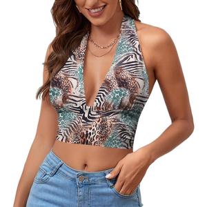 Rooscier Women's Halter Tie Back Crop Top | Deep V Neck Sleeveless Backless Cami (Brown, XL)