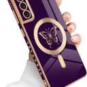 for Samsung Galaxy S21 Plus 5G Magnetic Case, Cute Butterfly Luxury Plating Edge Case for Women Girls Men Soft TPU Shockproof Full Camera Protective Cover for Samsung Galaxy S21 Plus-Purple