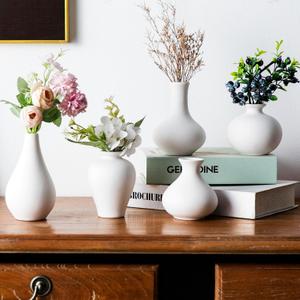 White Small Vase Set of 5, Ceramic Bud Vases for Modern Decor, Mini Pottery Vases, Boho Decorative Vase for Living Room Fireplace, Centerpiece Table Decorations