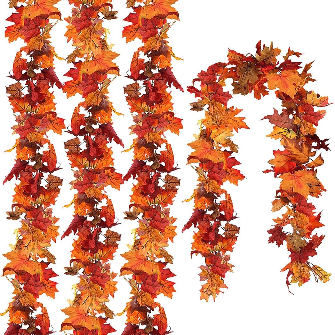 CQURE 4 Pack Fall Leaf Garland, 5.9FT Autumn Maple Leaf Garland, Silk, Orange, Curved (23.6FT-4pack)
