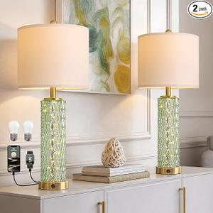 Oneach 27.75" Modern Table Lamps Set of 2, Green Bedside Lamp with Glass Nightlight, USB A+C, Unique Desk Lamps for Living Room, Bedroom, Nightstand, End Table (2 Bulbs Included)