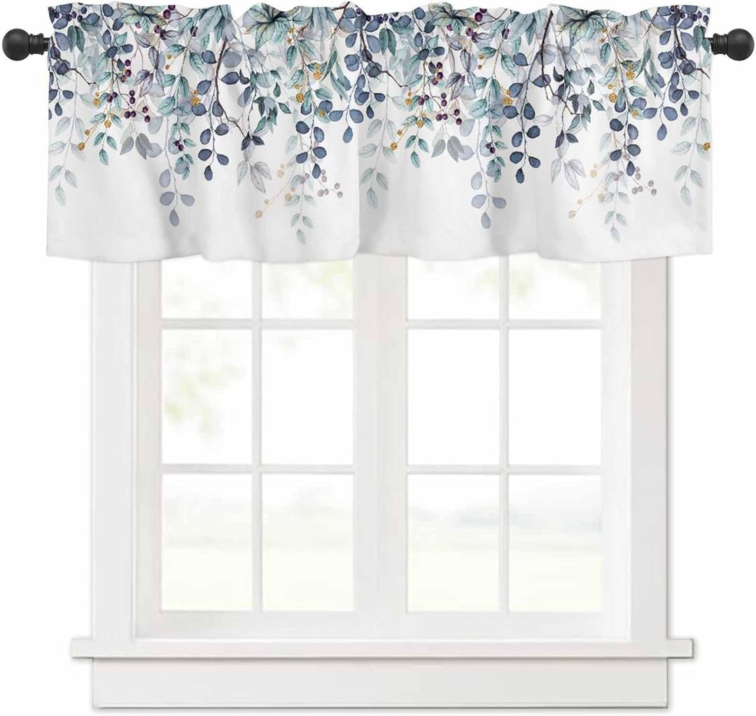Dark Blue Eucalyptus Leaves Curtain Valance for Windows Watercolor Window Treatments 1 Panel Short Curtains for Kitchen Windows Bathroom Bedroom,54 x 18 Inch (18"W x 54"L (Pack of 1), Eucalyptus Leaves-dark Blue)