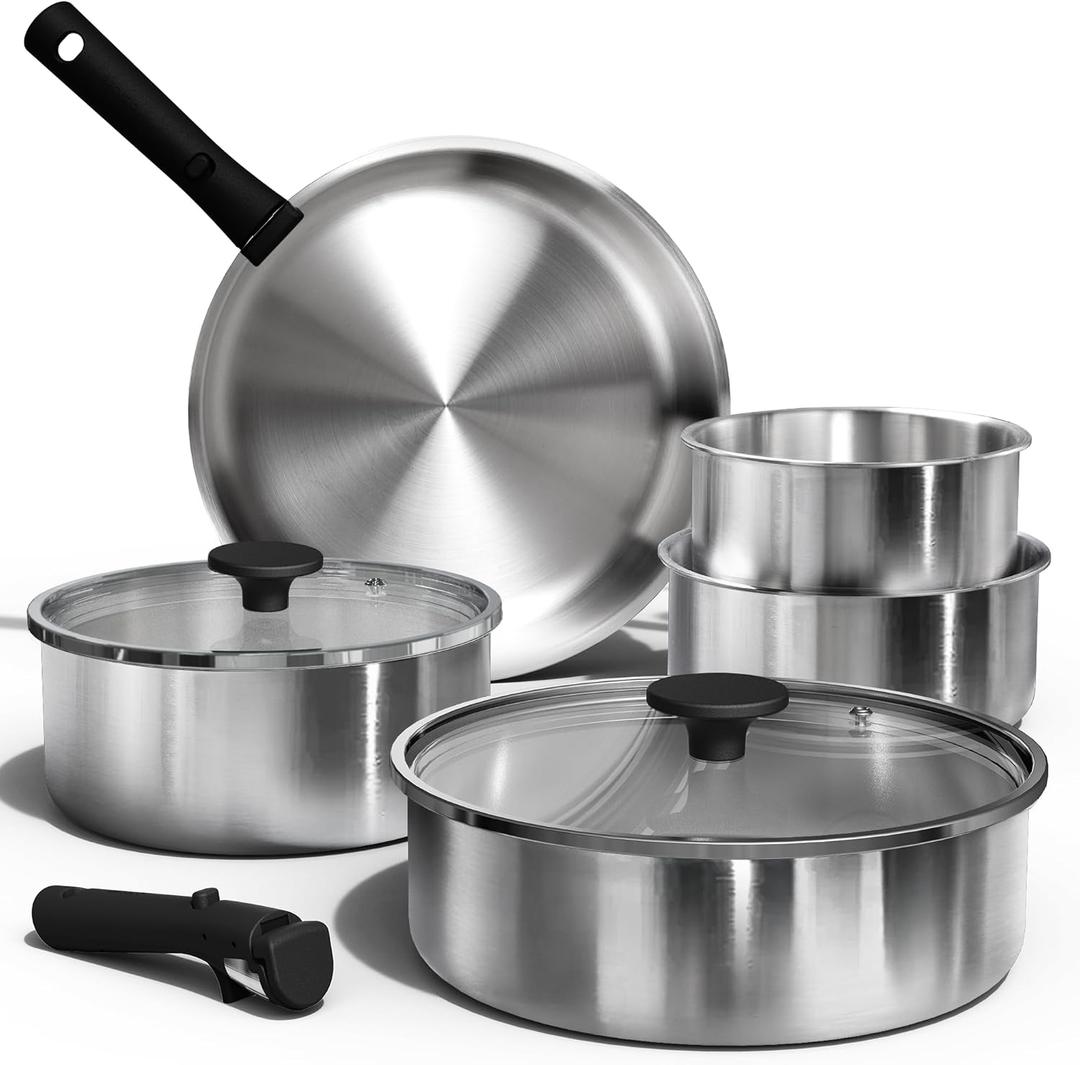 CAROTE Pots and Pans Set, Stainless Steel Cookware Set Detachable Handle, 9pcs Induction Kitchen Cookware Sets with Removable Handle, RV Cookware Set, Oven Safe (Brushed Black)