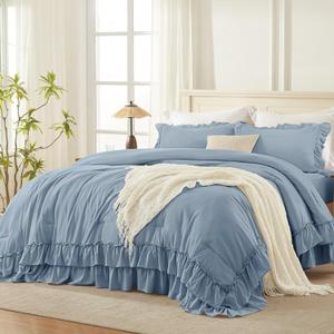 Andency Grayish Blue Queen Comforter Set, 3 Pieces Farmhouse Shabby Chic Ruffle Bedding Comforter Sets, All Season Lightweight Fluffy Soft Microfiber Bed Set for Boys, Men, Adults (90x90Inch)